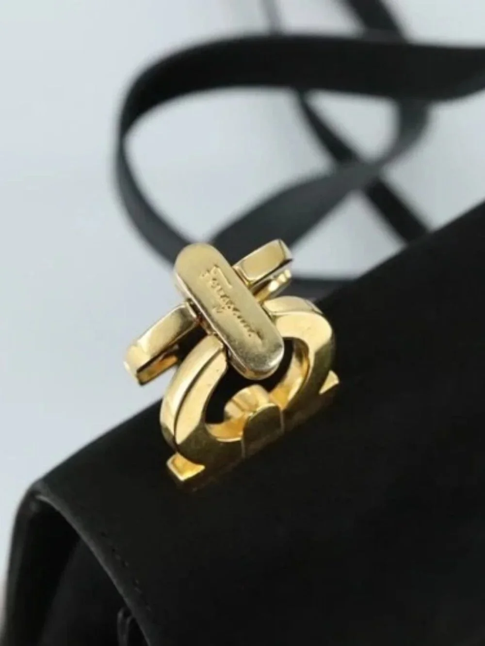 Salvatore Ferragamo Gancini Shoulder Bag Suede Black Gold Auth bs20936
